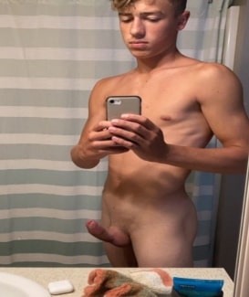 Selfie twink with a shaved cock